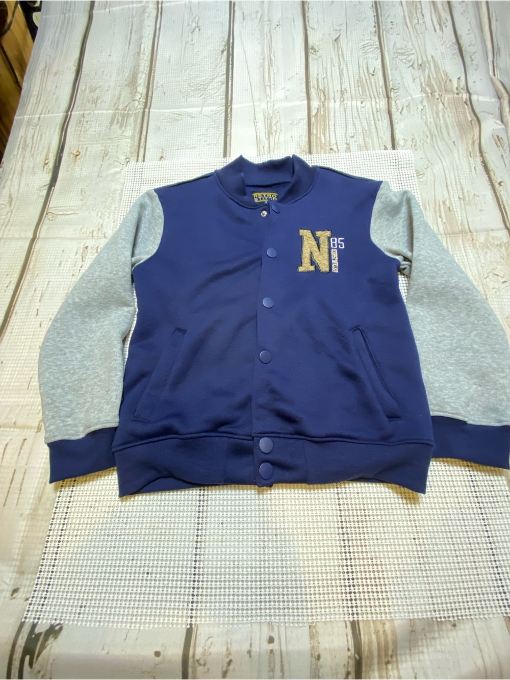 Kids Navy and Light Gray Varsity Jacket with N85 Patch Sz-7